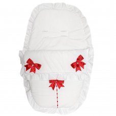 Plain White/Red Car Seat Footmuff/Cosytoe With Large Bows & Lace